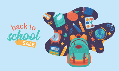 Back to school cute sale banner. Childish print. Vector Illustration