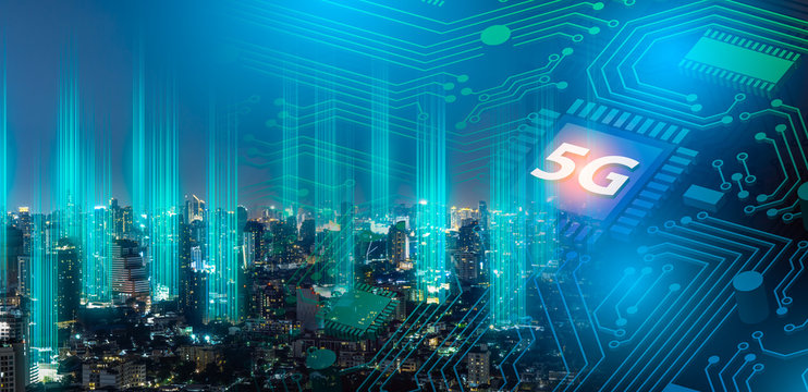 5G network digital hologram and internet of things on city background.Double exposure city of cpu 5g.5G network wireless systems,IoT(Internet of Things),communication network concept.