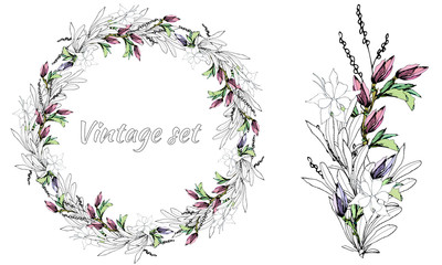 Obraz na płótnie Canvas Flower wreath. Vintage style. Wedding wreath of delicate flowers and leaves. Spring set. Vector brush.