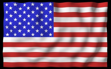 Fototapeta premium Waving flag of the United States of America on a dark background. Stars and Stripes. State symbol of the USA. 3D illustration