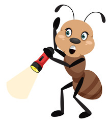 Ant with flashlight, illustration, vector on white background. © Morphart