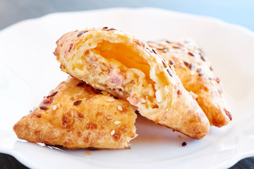 Triangle patty made of dough with ham and cheese or the national samsa dish with meat