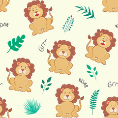 Seamless pattern with lion, leaves, branches and words grrr and roar on white background.  For decoration, invitation, fabric and textile print, kids pajamas, wallpapers, gift and wrapping paper.