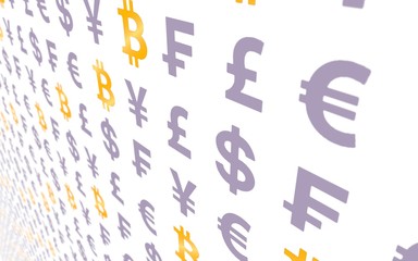 Bitcoin and currency on a white background. Digital crypto currency symbol. Wave effect, currency market fluctuations. Business concept. 3D illustration