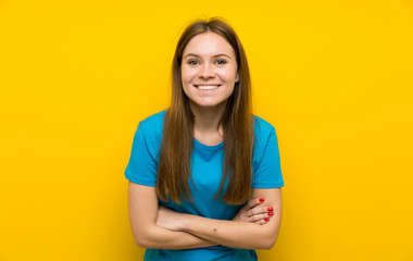 Obraz premium Young woman with blue shirt laughing