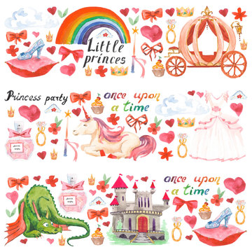 Watercolor pattern with beautiful princess, castle, carriage, dragon, crown and accessories for little children and girls. Birthday princess party