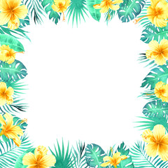 Fototapeta na wymiar hand painted watercolor trendy color tropical border frame. monstera, palm tree leaves, yellow hibiscus flowers. empty space for text. template for design wedding invitation, greeting card