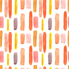 Watercolor neutral seamless pattern with smears and swatches of watercolor paint, isolated on white background. Pink, mustard yellow, tangerine orange, rust, warm grey lines. Soft pastel colors.
