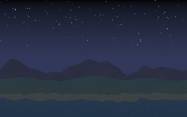 Starry moonless sky. Ocean shore line with waves on a beach. Island beach paradise with waves. Vacation, summer, relaxation. Seascape, seashore. Minimalist landscape, primitivism. 3D illustration