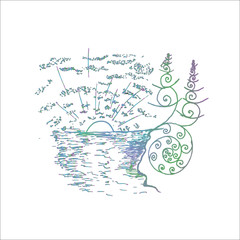 Color illustration of the sea water, the sun, the branches of a plant in a pattern.