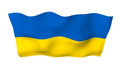The flag of Ukraine on a white background. National flag and state ensign. Blue and yellow bicolour. 3D illustration waving flag