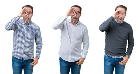 Collage of handsome senior business man over white isolated background doing ok gesture shocked with surprised face, eye looking through fingers. Unbelieving expression.