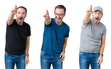 Collage of handsome senior man over white isolated background Pointing with finger surprised ahead, open mouth amazed expression, something in front