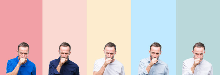 Obraz premium Collage of senior hoary handsome man over colorful stripes isolated background feeling unwell and coughing as symptom for cold or bronchitis. Healthcare concept.