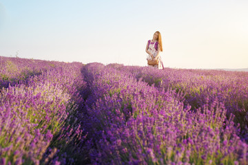 Fototapeta na wymiar Cute girl collect lavender on meadow at sunset.