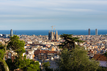 Fototapeta premium View of the roofs of Barcelona from Parc Guell terrace. La Sagrada Familia on the side and the sea on the background. Barcelona.