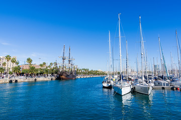 Sailboats in the harbour of Barcelona.