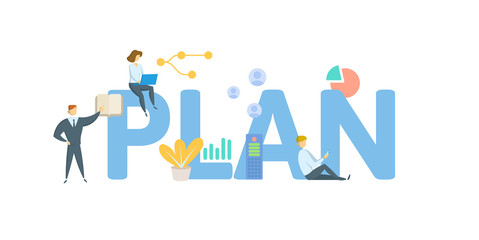 PLAN. Concept with people, letters and icons. Colored flat vector illustration. Isolated on white background.