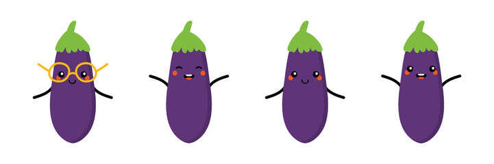 Set, collection of cute and smiling cartoon style eggplant, aubergine characters for cooking, healthy and vegan lifestyle design.