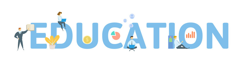 EDUCATION. Concept with people, letters and icons. Colored flat vector illustration. Isolated on white background.