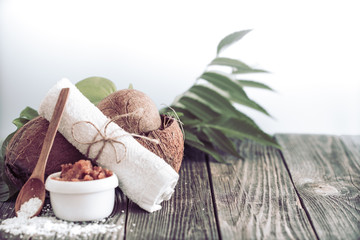 Spa and wellness setting with flowers and towels. Dayspa nature products