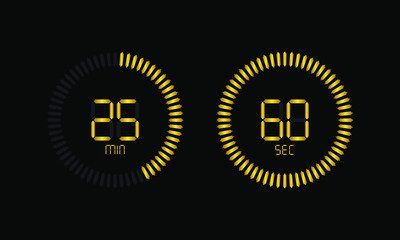 Fototapeta premium Stopwatch digital countdown timer with minutes and seconds vector display. Isolated gold on black background