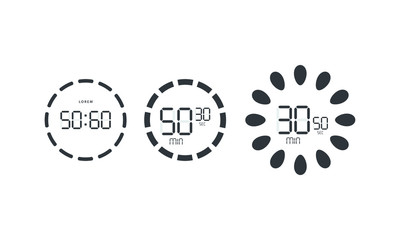 Stopwatch digital countdown timer with minutes and seconds vector display. Isolated black on white background