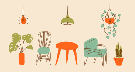 Colorful isolated 60s retro style furniture in simple, minimalist, hand drawn style. With happy colors and dark outline, cartoon like. For banners, graphic design, cards, web, print, with copy space