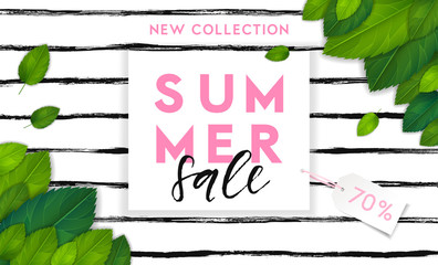 Summer horizontal background in geometrical bright style. Colorful banner template with realistic green leaves illustration. Vector, eps 10 - 278228355
