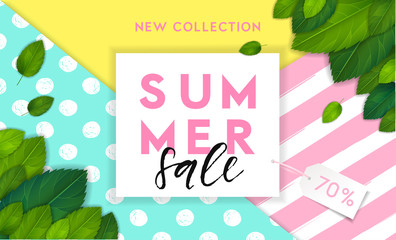 Summer horizontal background in geometrical bright style. Colorful banner template with realistic green leaves illustration. Vector, eps 10 - 278228557