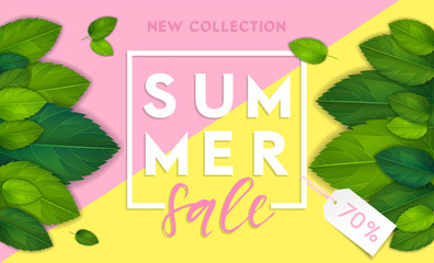 Summer horizontal background in geometrical bright style. Colorful banner template with realistic green leaves illustration. Vector, eps 10