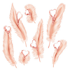 Set of isolated feathers with hearts. Vector illustration.