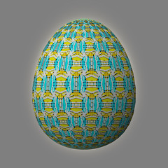 Happy Easter - Frohe Ostern, Artfully designed and colorful easter egg, 3D illustration on grey background