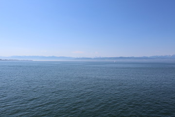 View over Lake Constance on the snow peaks of the Alps on a very clear day