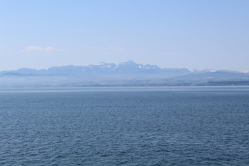 View over Lake Constance on the snow peaks of the Alps on a very clear day