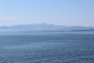 View over Lake Constance on the snow peaks of the Alps on a very clear day