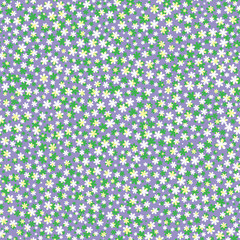 Seamless repeat pattern. Vector illustration of lilac, yellow, green and white ditsy flowers on black background.