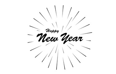 Fototapeta premium Monochrome Happy New Year with spread fireworks. Festival Vector illustration isolated white background. poster card vintage.