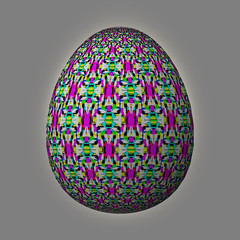 Happy Easter - Frohe Ostern, Artfully designed and colorful easter egg, 3D illustration on grey background