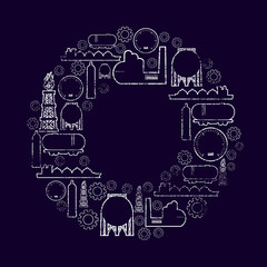 Energy and Power icons set. Design concept of natural gas industry. Circle frame with industrial line icons.