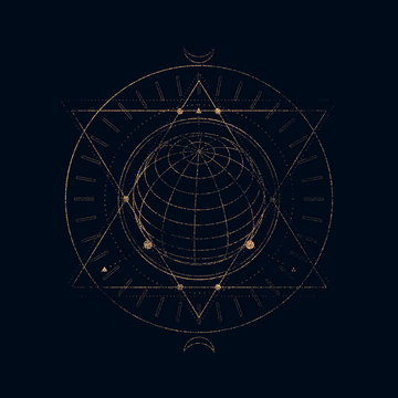 Mystical geometry symbol. Linear alchemy, occult, philosophical sign. For music album cover, poster, sacramental design. Astrology and religion concept.