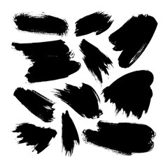 Ink brush smears vector illustrations set. Black paint brushstrokes, smears isolated on white background.