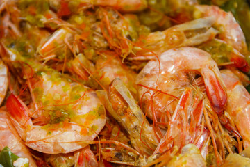 Close-up of baked shrimps. Food background