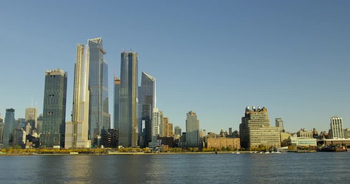 Travelling On Beautiful River With Impressive New York Skyline And Massive Beautiful Skyscrapers In Classic Manhattan NYC
