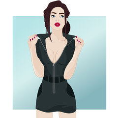 Fashionable girl in a dress with a neckline. Vector art