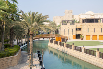 Obraz premium Palm tree with Arabic buildings in Dubai, United Arab Emirates