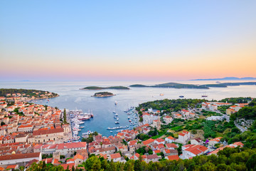 Fototapeta premium Evening view of Hvar town, Croatia. Harbor of the old Adriatic island