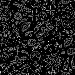 Seamless pattern with hand drawn cosmic objects. White cartoon drawings on black background. Doodle vector illustration.