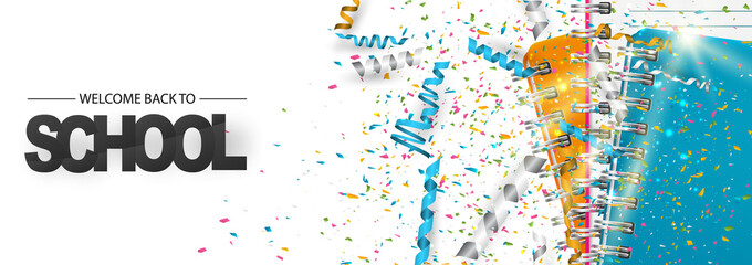 Welcome back to school banner design concept with ring notebooks and colorful confetti. Vector illustration.