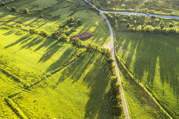 Top Down Aerial Shoot of Scenic Farming Fields at Sunset